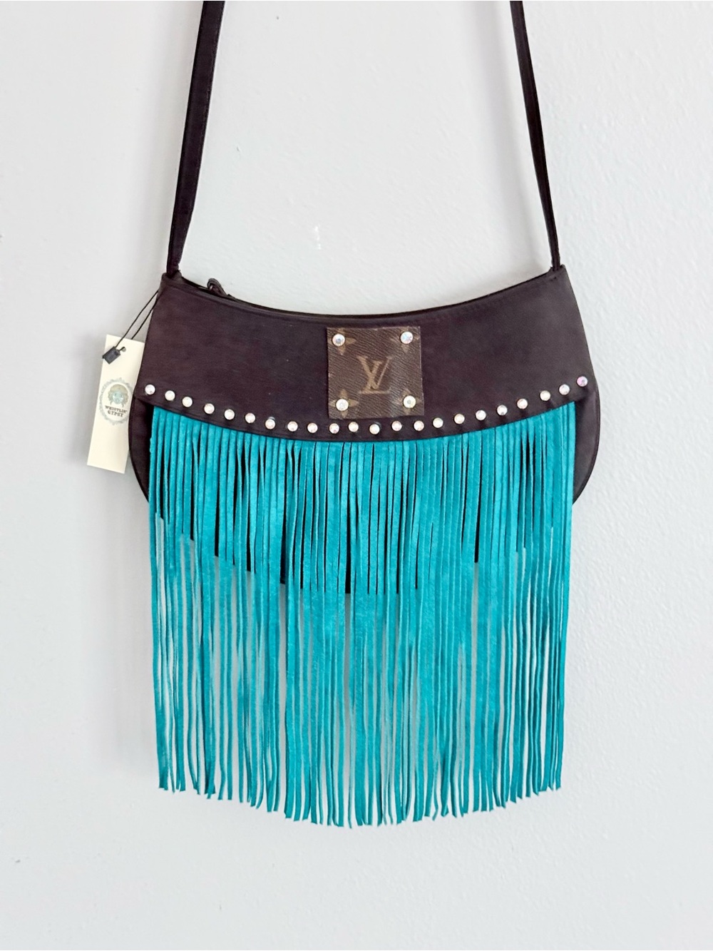 Upcycled Louis Vuitton Detail Fringe Western Leather Crossbody Cowgirl Bag